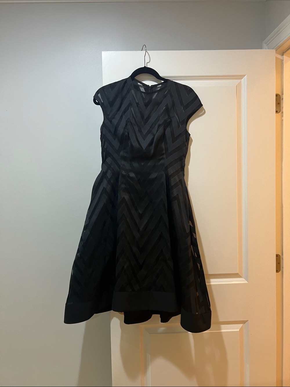 Lela Rose Black Chevron Fit-and-Flare Midi Dress